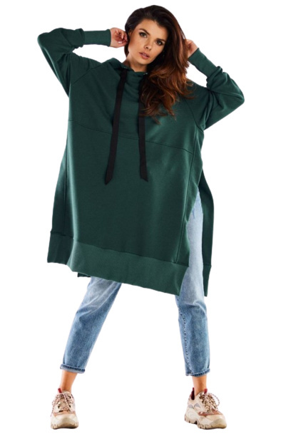 Bluza damska oversize z kapturem długa bawełniana zielona